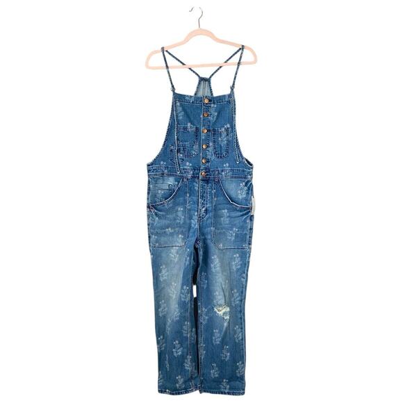 ANTHROPOLOGIE Pilcro Painters Denim Overalls Floral Shabby Chic Size 30 NWT New - Picture 2 of 13